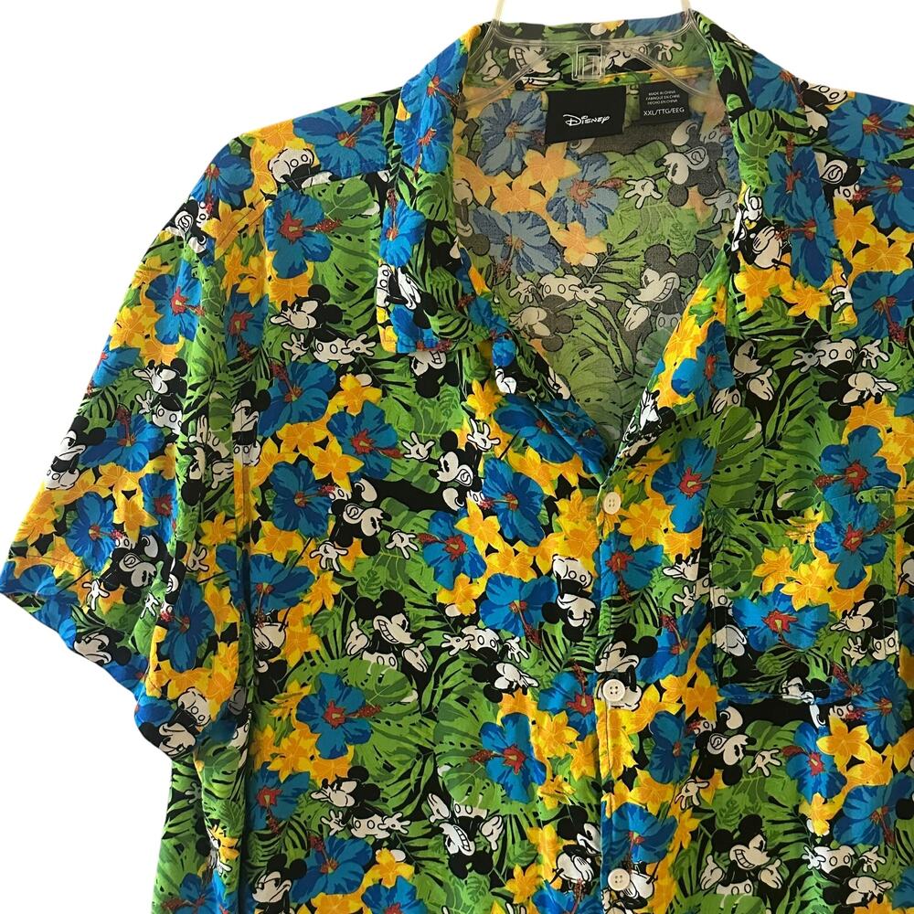 Disney Tropical Mickey Button Shirt Mens Size XXL Green Yellow Floral Hawaiian - Picture 3 of 10